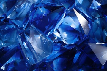 A close up of blue gems with a blue background. The gems are cut into various shapes and sizes,...