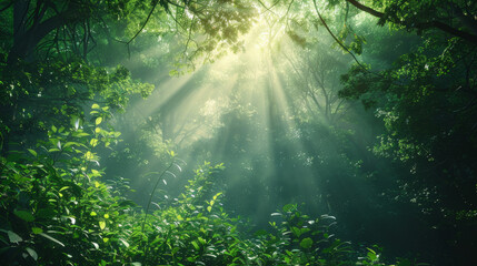 Obraz premium Forest Light, Sunbeam piercing dense foliage in a serene forest.