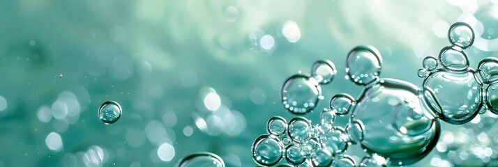Close-up of beautiful bubbles floating in clear turquoise water, creating a mesmerizing pattern - obrazy, fototapety, plakaty