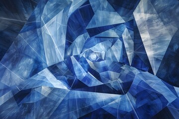 A blue and white abstract painting with a blue flower in the center