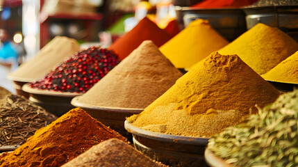 many spices in the spice market close view in Morocco - obrazy, fototapety, plakaty