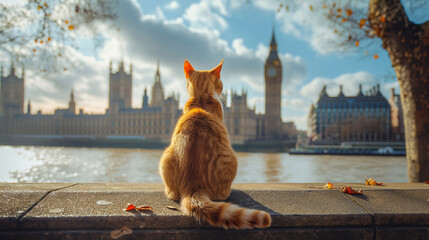 red cat sits in London and looks at Big Ben