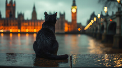 black cat sits in London and looks at Big Ben - obrazy, fototapety, plakaty