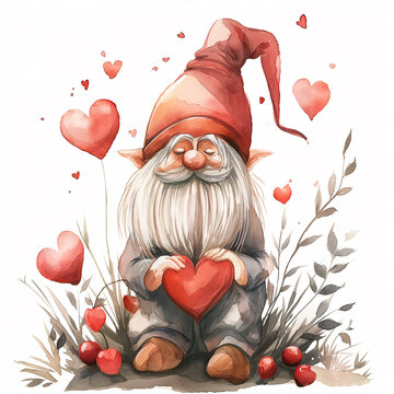 cute gnome in love on a white background with red hearts