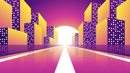 Bright sunset over the city. Evening horizontal illustration of a long straight road with office buildings.