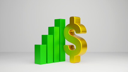 3d growth chart of the dollar on white background. Investing in currency on white background. Business financial trading concept. Financial graph with dollar sign on white background.