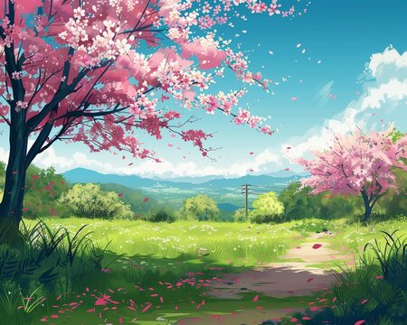 Create a digital artwork depicting a vibrant spring landscape, incorporating vectors of blooming flowers, lush greenery, and clear blue skies ,clean sharp focus
