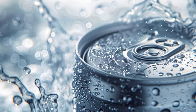 Silver soda can with water droplets on white background, popular beverage choice to quench thirst