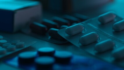Assorted pills and medicine packs are arranged in a serene blue night light. Close-up dolly shot,...