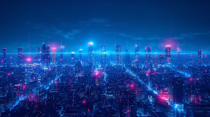 Cityscape on dark blue background with bright glowing neon. Technology city background.