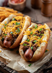 Chili hot dogs with shredded cheddar cheese and chopped green onions - 780599197
