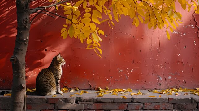 a cat observing yellow leaves under a tree illustration background poster 