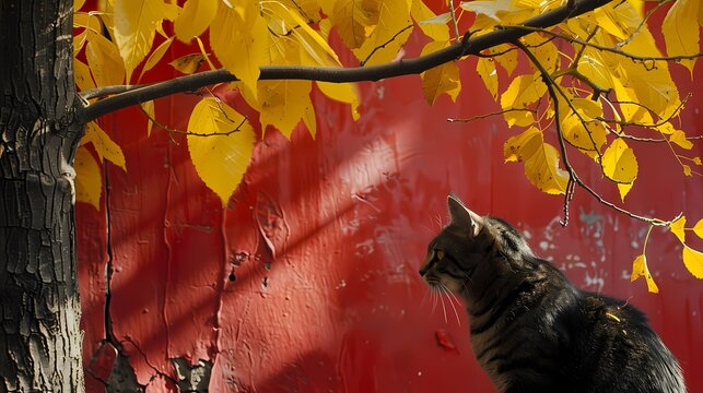a cat observing yellow leaves under a tree illustration background poster 