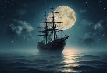 large ship sails in the ocean under a full moon - obrazy, fototapety, plakaty
