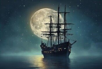 large ship sails in the ocean under a full moon