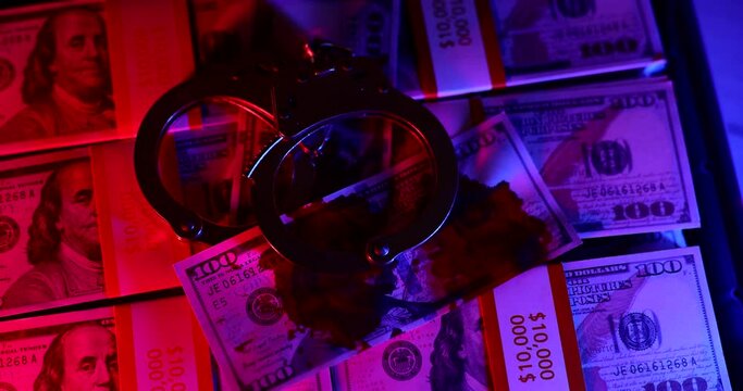 Police lamp shining on handcuffs and money dollars with blood closeup 4k movie slow motion. Illegal selling of money concept 