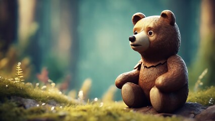 teddy bear is sitting on a rock in a forest - obrazy, fototapety, plakaty