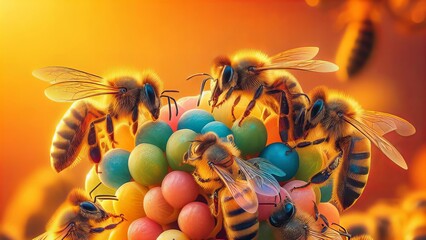 group of bees are gathered around a colorful ball of jelly - obrazy, fototapety, plakaty