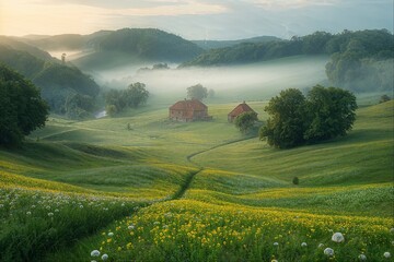 Misty sunrise over a lush green valley