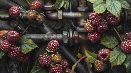 A painting of a bunch of raspberries on pipes and leaves, AI