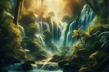 lush jungle with a waterfall and palm trees - obrazy, fototapety, plakaty