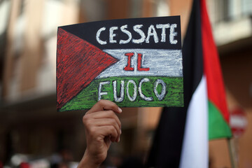 Cassino, Italy - March 29, 2024. March against the war in Palestine, sign with the words 