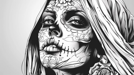 A drawing of a woman with sugar skull makeup, AI
