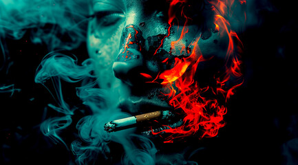 A man is smoking, and smoke is escaping from his mouth. Today is World No Smoking Day. Cigarette addiction is a social problem. - obrazy, fototapety, plakaty