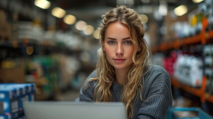 Young Businesswoman Working in Warehouse. Young businesswoman using a laptop in a warehouse environment, managing inventory or logistics operations.