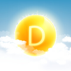 Vitamin D sun shining in the sky with clouds. Stock vector illustration.