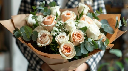 A beautiful bouquet of white and peach roses wrapped in brown kraft paper, with green eucalyptus leaves