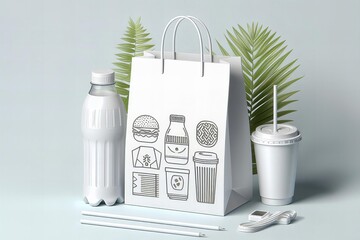white bag with a logo of a hamburger and a bottle of milk