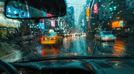 Rainy Urban Drive: Cityscape Through Windshield on a Stormy Night - obrazy, fototapety, plakaty