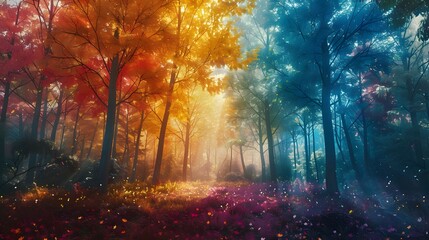 A forest where the leaves change color based on the worlds mood, captured through social media sentiment - obrazy, fototapety, plakaty