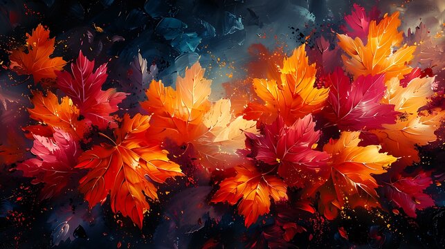 An abstract painting of deciduous leaves, where the essence of oak and maple leaves is captured through bold, fluid brush strokes and a rich autumnal color scheme.