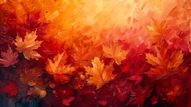An abstract painting of deciduous leaves, where the essence of oak and maple leaves is captured through bold, fluid brush strokes and a rich autumnal color scheme.