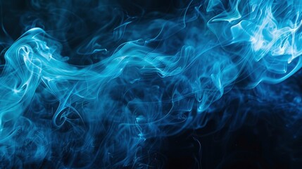 A blue smoke with swirling patterns against a black background, creating an abstract and mysterious atmosphere. The smoke forms delicate shapes that resemble human figures or animals - obrazy, fototapety, plakaty