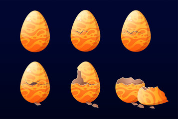 Cartoon magic egg hatching animation. Dragon eggs incubation, animated from cracks to shattered pieces of egg breaking open vector illustration set
