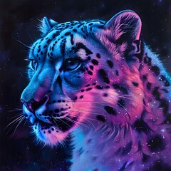 Bio luminescent expressions illuminating the faces of snow leopards with aurora coats