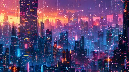 Automating taxes on blockchain, illustrated as a futuristic cityscape - obrazy, fototapety, plakaty