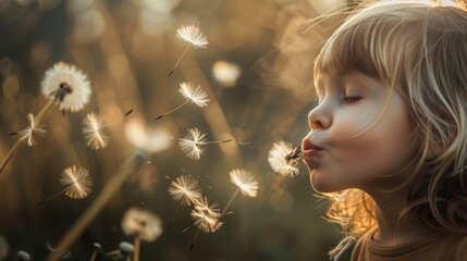 A child blowing on the seeds of a dandelion, with the wind carrying away each seed