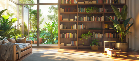 bookshelf unite with the houseplant in modern home concept