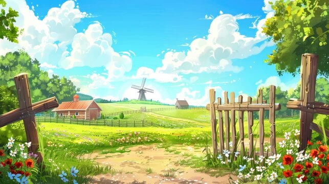 A cartoon illustration of an open wooden gate leading to a farm, surrounded by green grass and flowers with a blue sky and white clouds in the background.