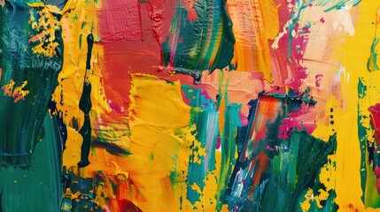 A closeup of an abstract expressionist painting, with thick brush strokes and splashes of vibrant colors on yellow canvas.