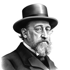 Black and white vintage engraving, close-up headshot portrait of Erik Satie (Eric Alfred Leslie Satie), the famous historical French composer and pianist, white background, greyscale