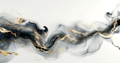 Painting art - wave with golden splashes and drops - abstract illustration image.