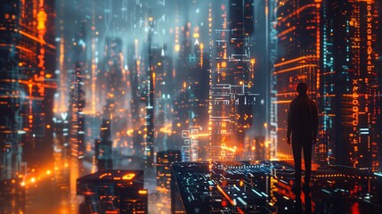 Fototapeta premium A solitary figure stands against the vast backdrop of a neon-lit digital cityscape, embodying the intersection of humanity and the digital age.