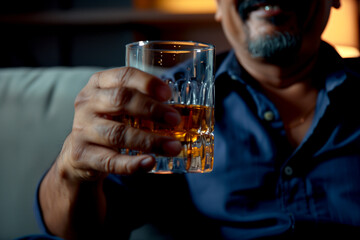 A man holds a glass of cognac or whiskey in his hand, close-up. - obrazy, fototapety, plakaty