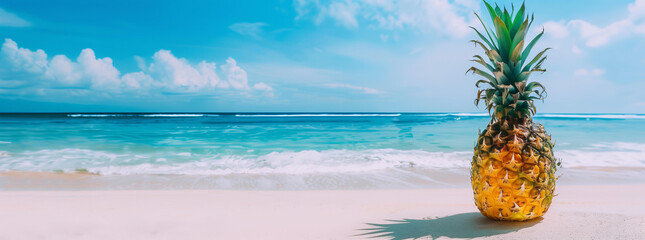 Photo of a pineapple on a white sand beach with blue sea water background, in the style of a panoramic banner for a summer vacation concept
