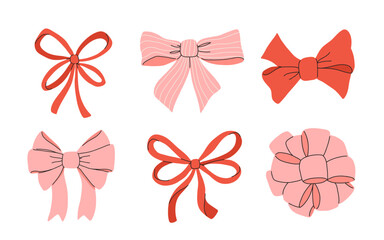 Set of various bows, gift ribbons. Bowknots in hand-drawn and flat styles. Fashionable vector illustration. Hair accessory. Bow knots for gift wrapping
